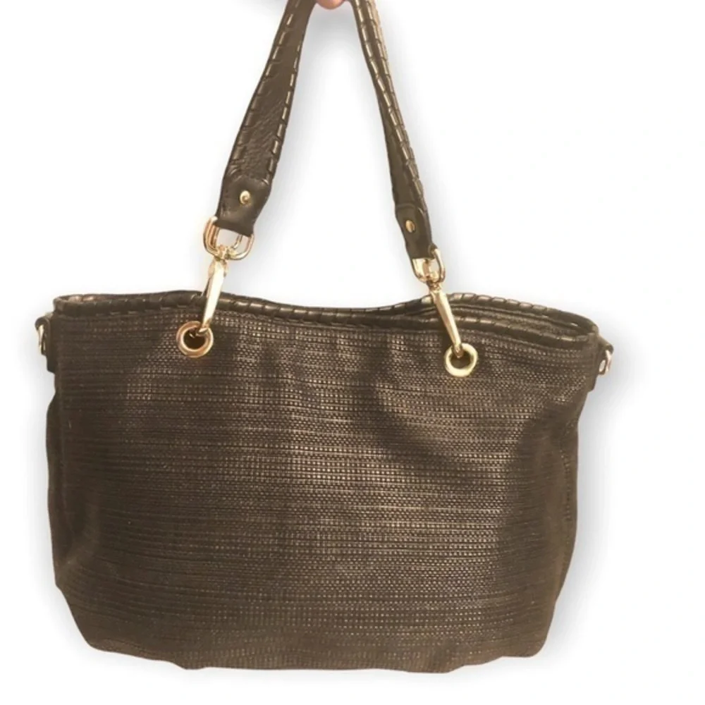 Michael kors black wicker tote bag with tassels and hangtag charm